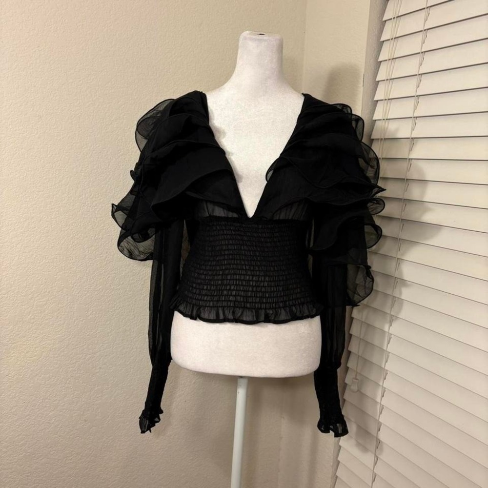 NWT black flowy dramatic gothic romantic layered ruffled puff sleeve blouse sz S